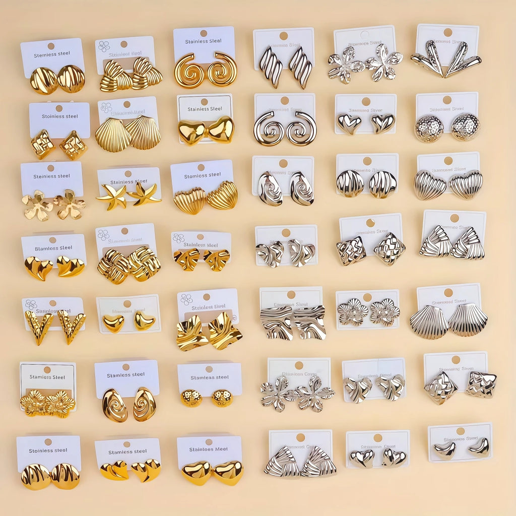 6/8/12/24/36/48Pairs Fashion Stainless Steel Earrings For Women Mix Style Trendy Heart Flowers Shell Daily Jewelry Party Gifts