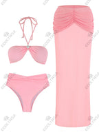 3 Piece Bikini Set 2025 Sexy Pink Swimwear Halter Bathing Suit with Sheer Skirt Beachwear Female Vacation Dresses Swimsuit K193