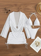 4pcs Sexy Solid Color Bikini Set With Sheer Cover-Up, Suitable For Vacation, Beach Party, Perfect For New Year And Valentine's