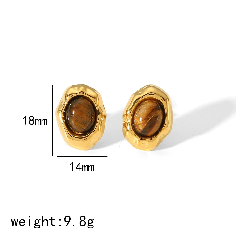 New Products Statement Nature Stone Tiger-eye Earrings Waterproof Gold Plated Stainless Steel Pearl Stud Earrings for Women