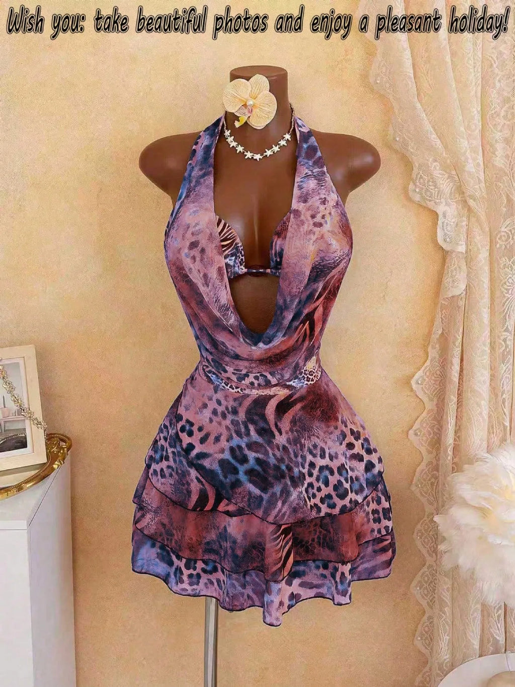 Leopard Print 4 Piece Bathing Suit Women Halter Drape Front Hollow Out Tiered Skirt Cover Up Bikini Set Pool Party Swimwear