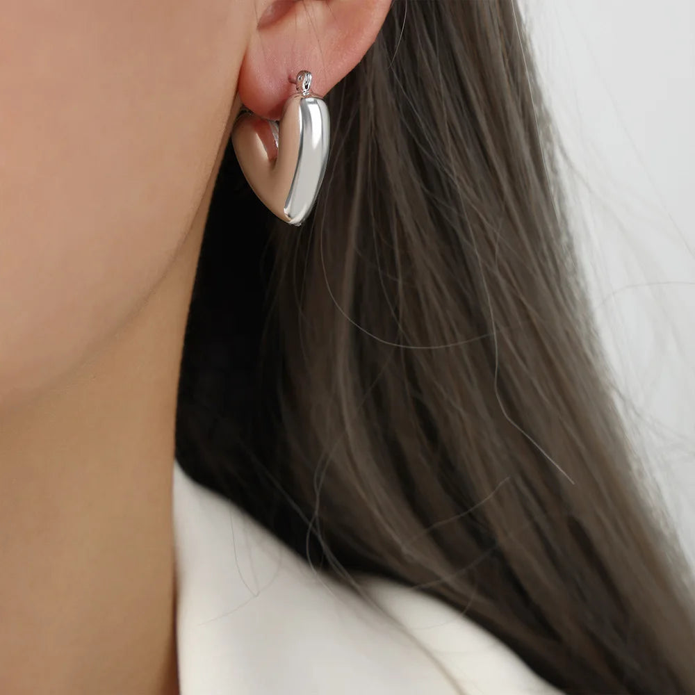Simple Stainless Steel Gold Plated Chunky Big Hoop Earring for Women Vintage Punk Glossy Thick Heart Earrings Minimalist Jewelry