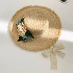 Flower rose decoration raffia straw hat for women summer large brim sun hat seaside atmosphere elegant wedding hat