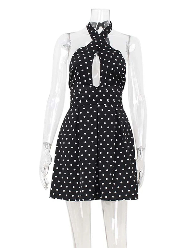 Polka Dot Halter Mini Dress Women Fashion Backless Sleeveless Off-shoulder Hollow Out Slim Short Vestidos 2026 Lady Party Gown