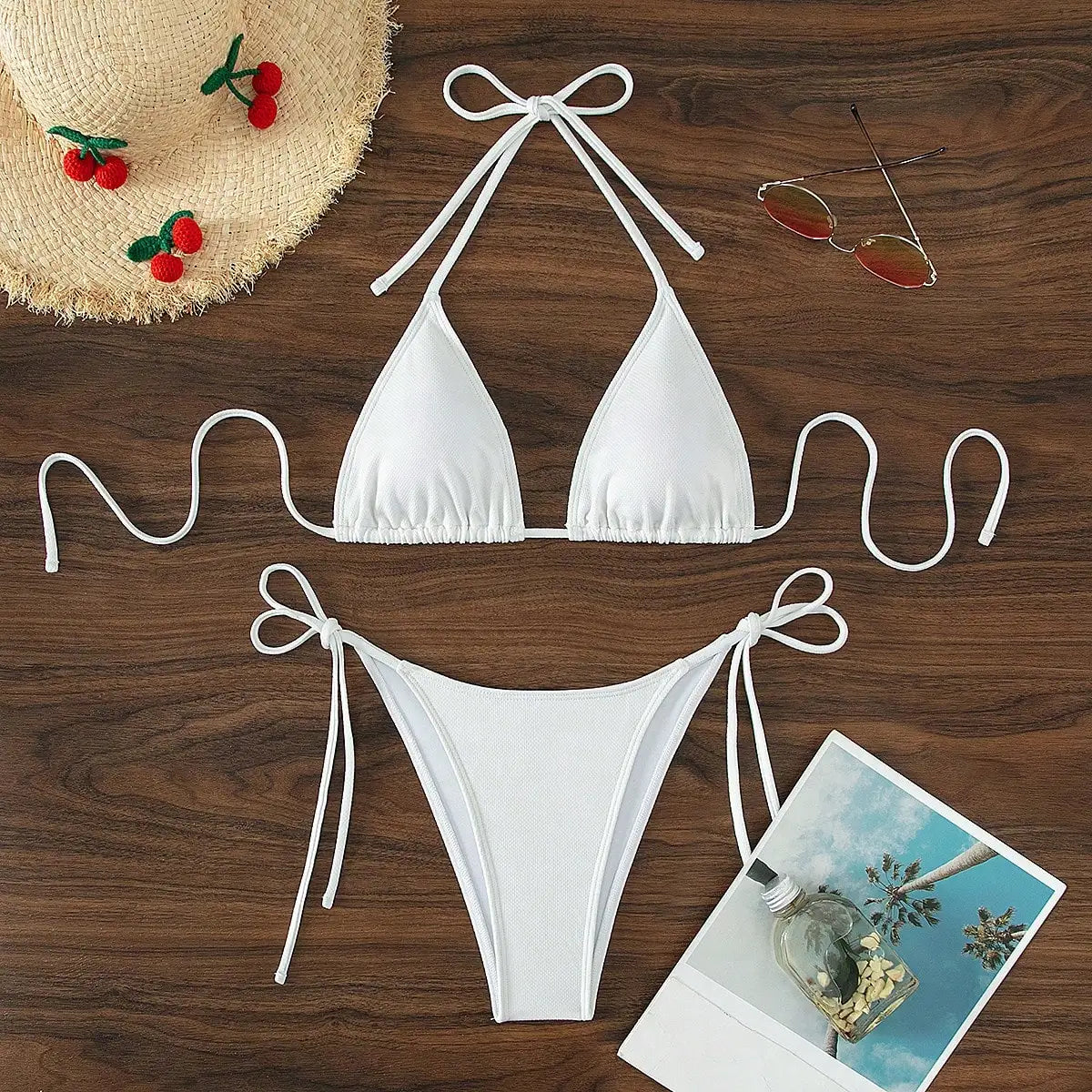 Summer white pure simple front-tie bikini swimsuit set