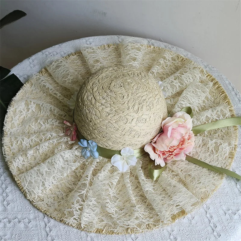Flower rose decoration raffia straw hat for women summer large brim sun hat seaside atmosphere elegant wedding hat
