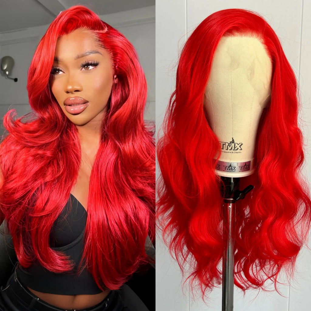 Hot Red Wigs for Women Body Wave Lace Front Wigs Synthetic Hair Free Part Burgundy Colored Pre Plucked Long Curly Wavy 13X4 Wig