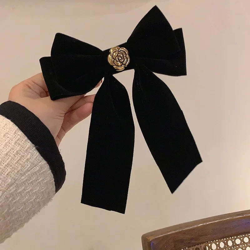 Korean Velvet Bow Hair Pins Fabric Rhinestone Pearl Hair Clips for Women Luxulry Jewelry Spring Clip Gils Hair Accessories