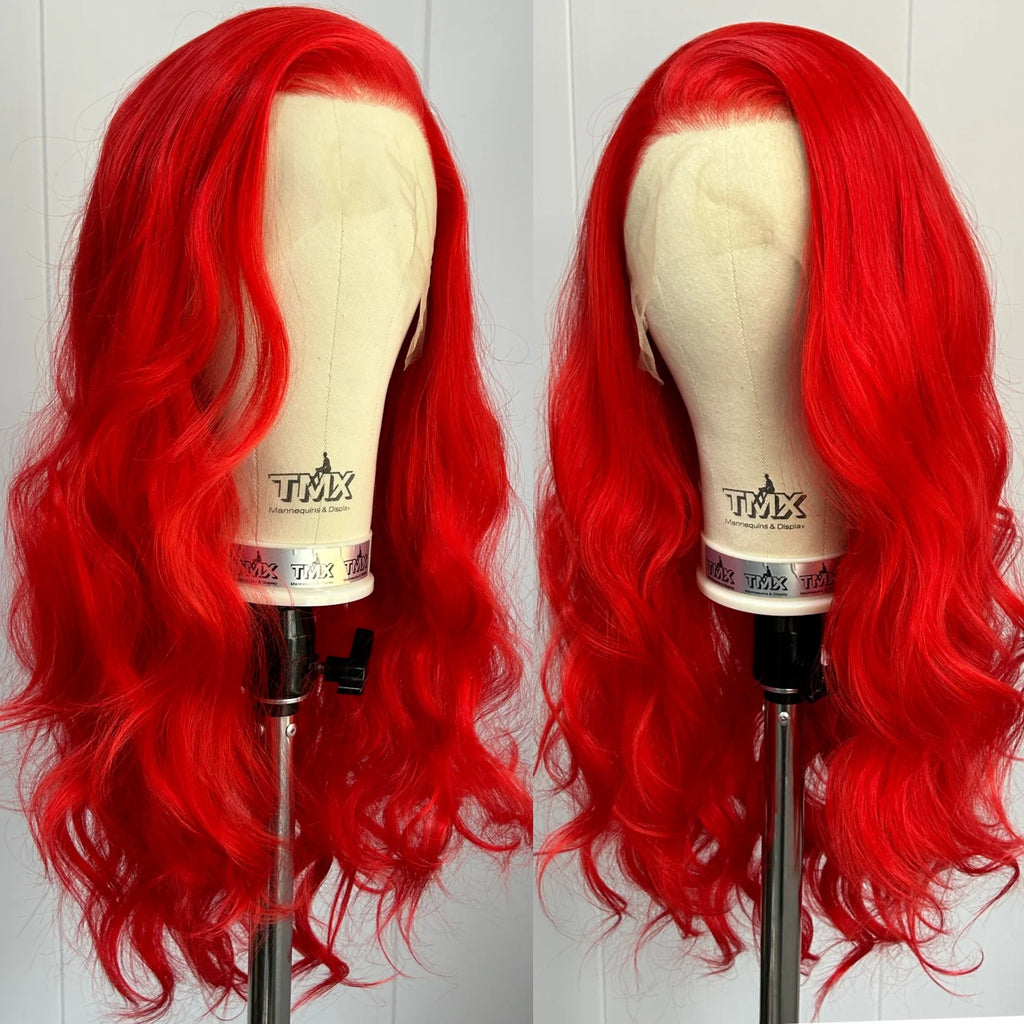 Hot Red Wigs for Women Body Wave Lace Front Wigs Synthetic Hair Free Part Burgundy Colored Pre Plucked Long Curly Wavy 13X4 Wig