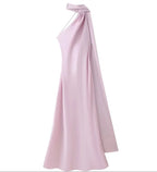 Satin Ribbon Halter Long Dresses Women's Backless Casual Maxi Dress Evening Wedding Guest White Blue Green Summer Graduation New