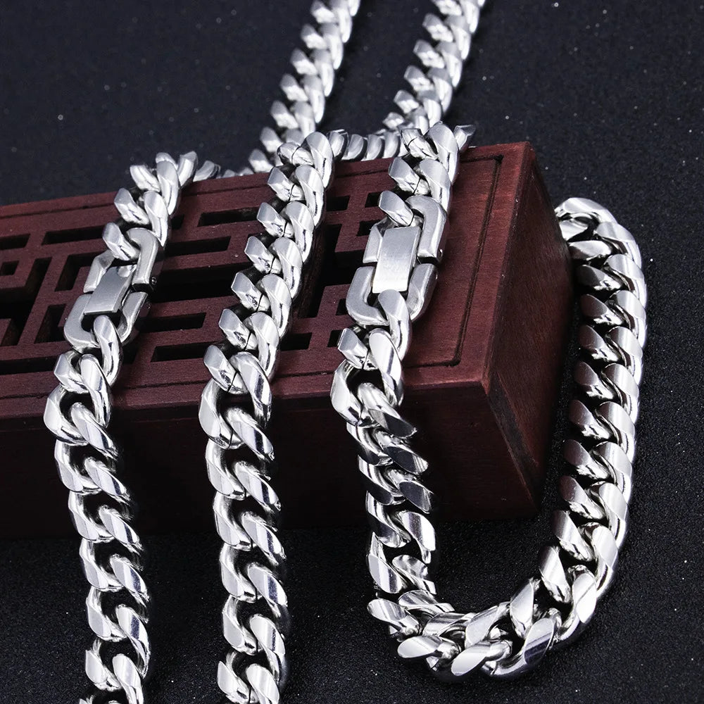 YQ 8MM-12MM Wide 316L Stainless Steel Cuban Link Chain Necklace Bracelet For Men Thick Punk Hip Hop Accessories Male