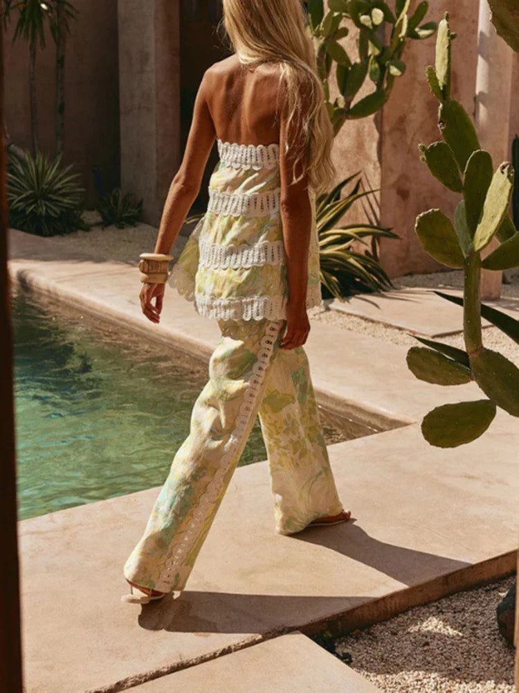 Casual Loose Vacation Two Piece Suits Fashion New Sleeveless Halter Tops & Pants Sets Summer New Printed Women's Beach Outfits