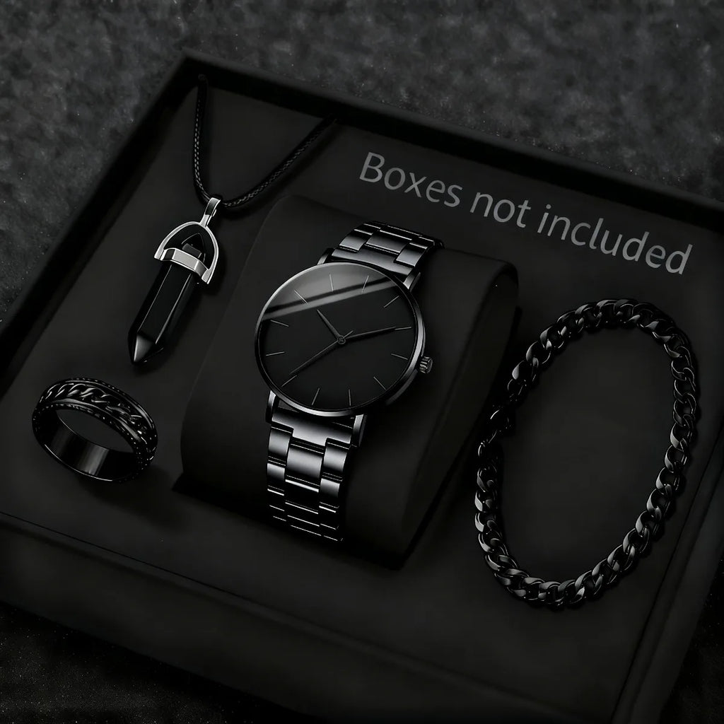 4PCS Fashion Men Business Watches Jewelry Set Simple Dial Quartz Wristwatch for Man Clock Reloj Hombre（Without Box）