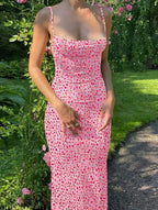 Y2K Floral Print Spaghetti Strap Bodycon Sundress Deep V Neck Long Dress Sexy Backless Summer Dresses Streetwear
