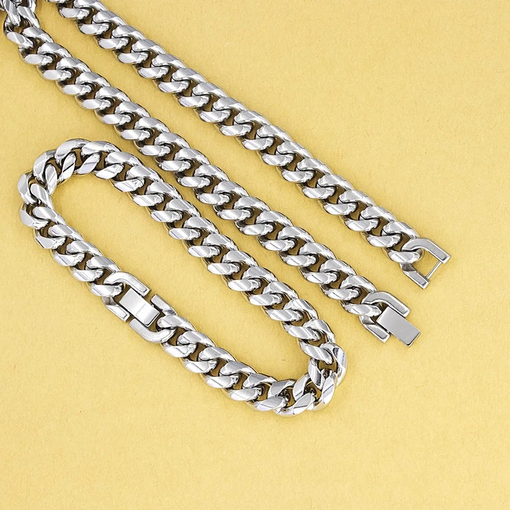YQ 8MM-12MM Wide 316L Stainless Steel Cuban Link Chain Necklace Bracelet For Men Thick Punk Hip Hop Accessories Male