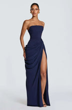 Elegant Yellow Strapless Pleated Dress Women Chic Sleeveless Waist Cinching Split Maxi Gowns 2026 Summer Lady Evening Party Robe