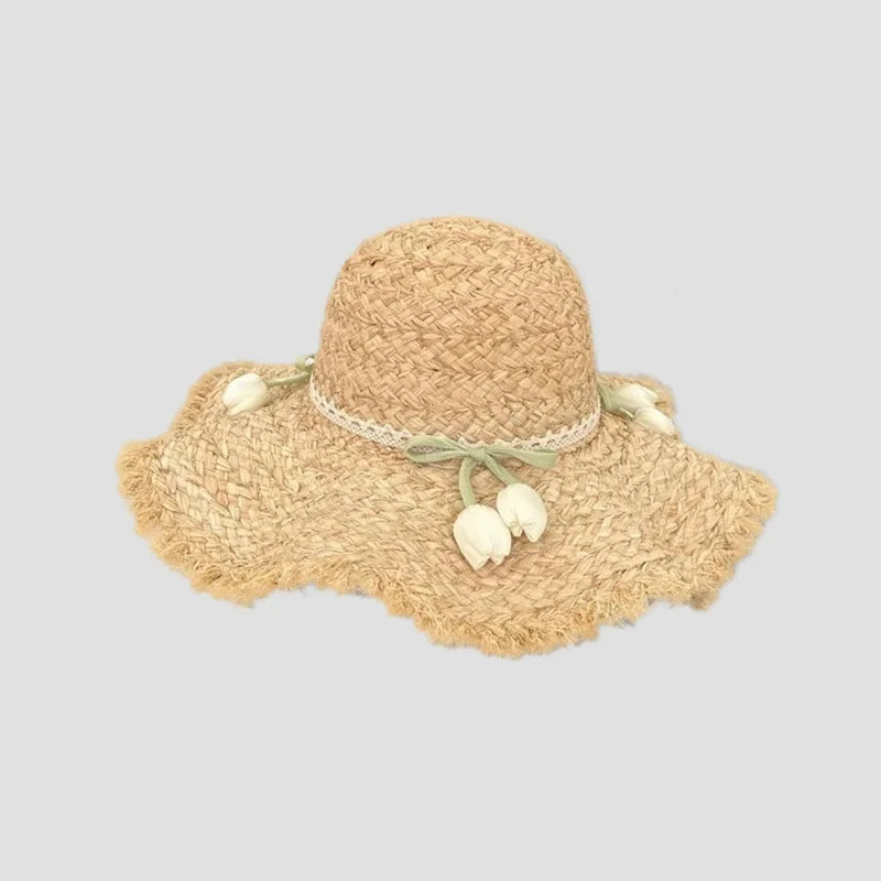 Flower rose decoration raffia straw hat for women summer large brim sun hat seaside atmosphere elegant wedding hat