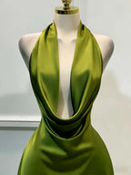 Women Elegant Solid Satin Dress, Back Zipper Open Back Fitted Midi Dress, Casual Vacation Party Banquet Cocktail Gown