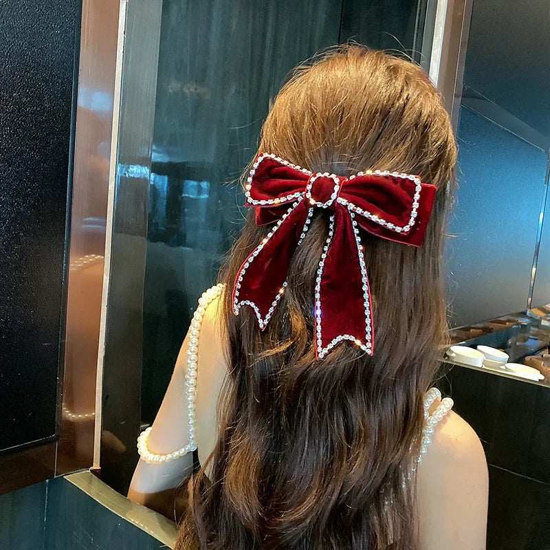 Korean Velvet Bow Hair Pins Fabric Rhinestone Pearl Hair Clips for Women Luxulry Jewelry Spring Clip Gils Hair Accessories