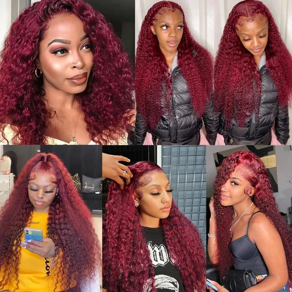 Red Burgundy 99J Color Deep Wave 13X4X1 HD Full Lace Front Wigs Preplucked With Baby Hair Wedding Cosplay Heat Resistant Fiber