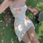 Women's Clothing Summer 2024 Trend Sling Dress Vintage Floral Ruched Mesh Slim Short Coquette Package Hip Slip Dresses