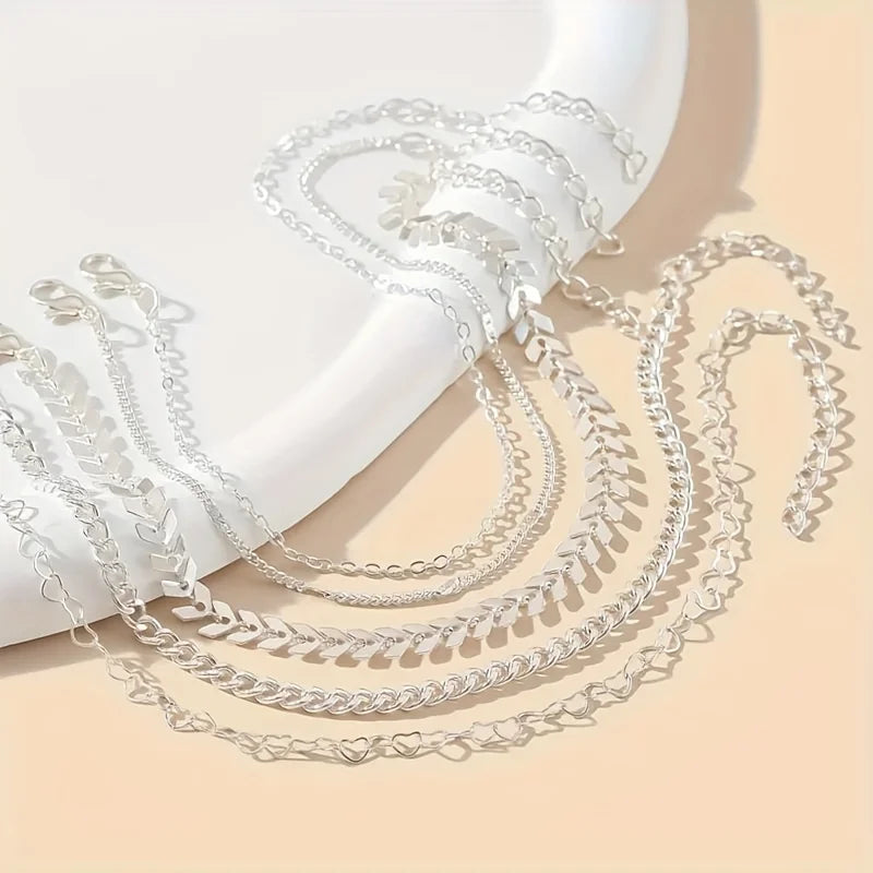 5Pcs Vintage Aesthetics Heart Chain Anklets Fashion Creative Airplane Chain Foot Chain Women's Boho Summer Beach Foot Jewelry
