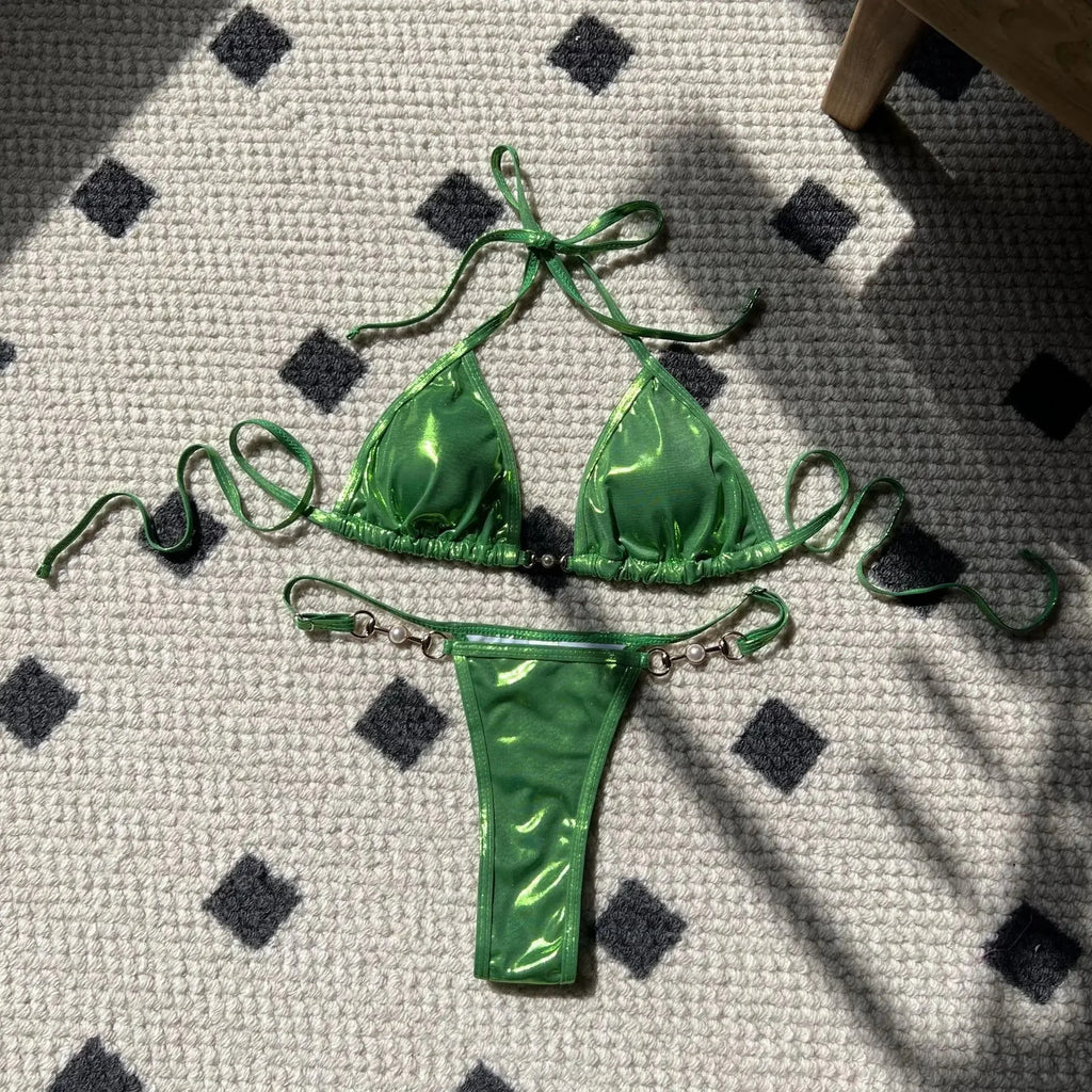 Sexy Shiny Pearl Bikini Swimsuit Hot Sale Of The Season New Crossbody Swimwear Elegant Luminous Design Attractive Female Underwe