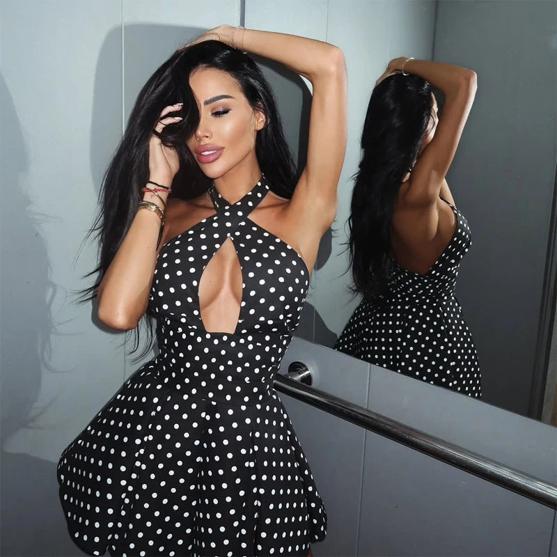 Polka Dot Halter Mini Dress Women Fashion Backless Sleeveless Off-shoulder Hollow Out Slim Short Vestidos 2026 Lady Party Gown