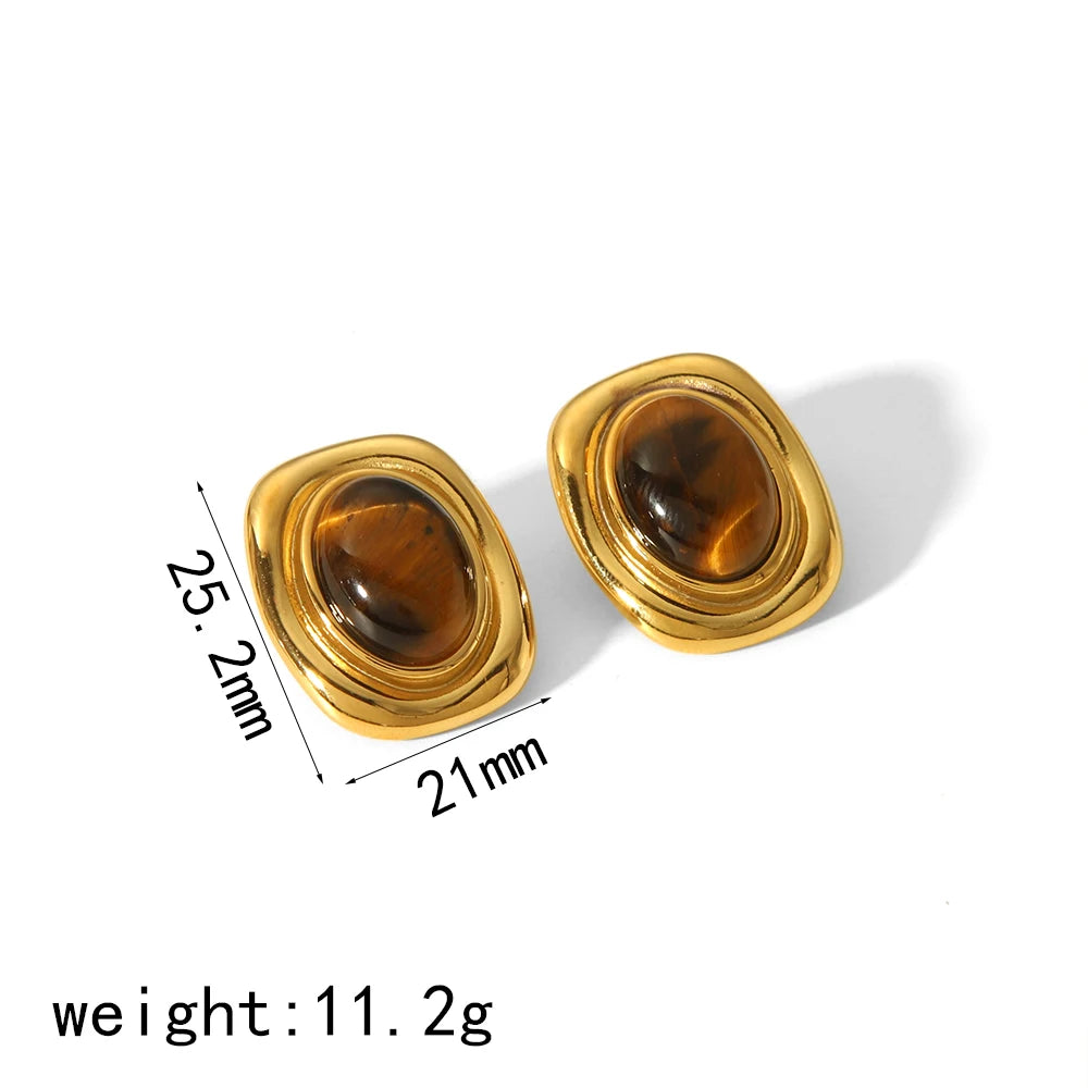 New Products Statement Nature Stone Tiger-eye Earrings Waterproof Gold Plated Stainless Steel Pearl Stud Earrings for Women