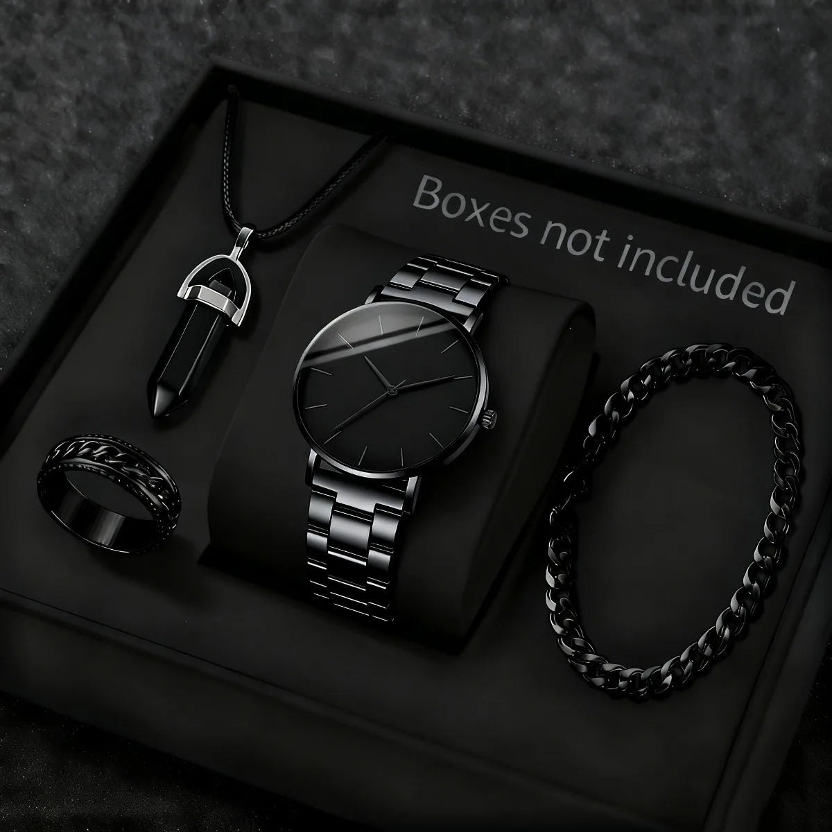 4PCS Fashion Men Business Watches Jewelry Set Simple Dial Quartz Wristwatch for Man Clock Reloj Hombre（Without Box）