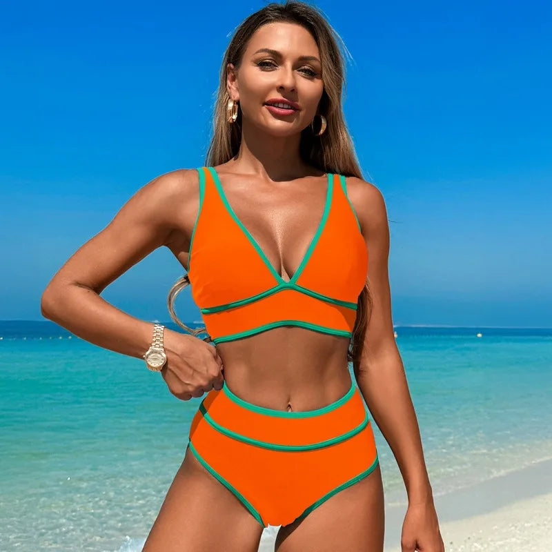 Women's Bikini Sets Swimsuits V Neck High Waisted 2 Piece Bathing Suits Solid/Flower Printed Swimwear Bikinis