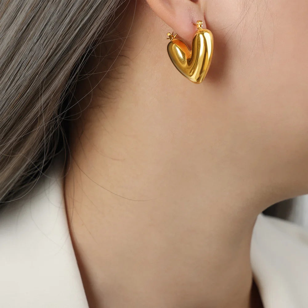 Simple Stainless Steel Gold Plated Chunky Big Hoop Earring for Women Vintage Punk Glossy Thick Heart Earrings Minimalist Jewelry