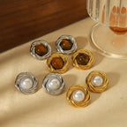 New Products Statement Nature Stone Tiger-eye Earrings Waterproof Gold Plated Stainless Steel Pearl Stud Earrings for Women
