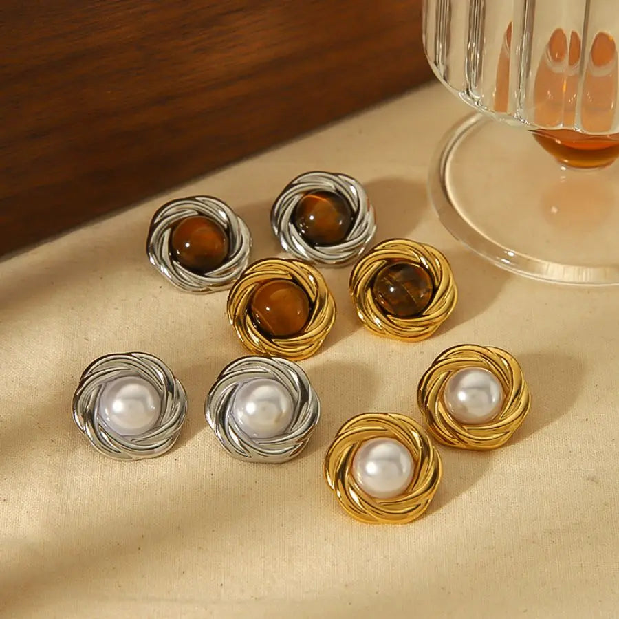 New Products Statement Nature Stone Tiger-eye Earrings Waterproof Gold Plated Stainless Steel Pearl Stud Earrings for Women