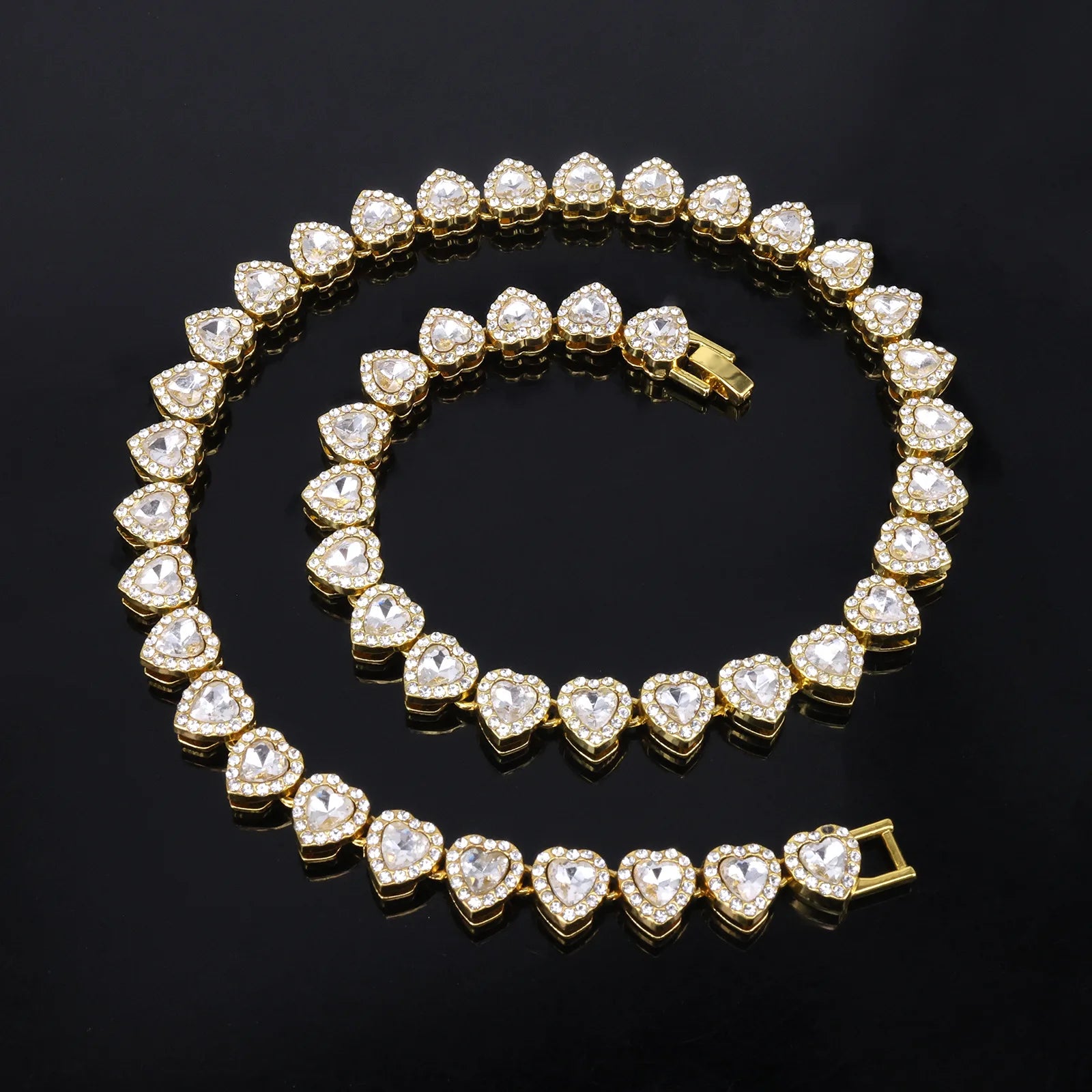 ZAKOL 45CM New Hip Hop Tennis Chain Bracelet Necklace Shiny Heart Rhinestone CZ Fashion Rock Party Jewelry Set