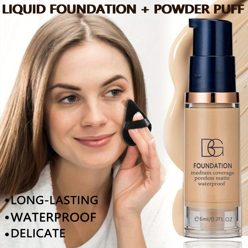 2Pcs Full Coverage Waterproof Liquid Foundation&Black Triangular Powder Puff-LongLasting Matte Finish Dark Circle&Blemish Cover