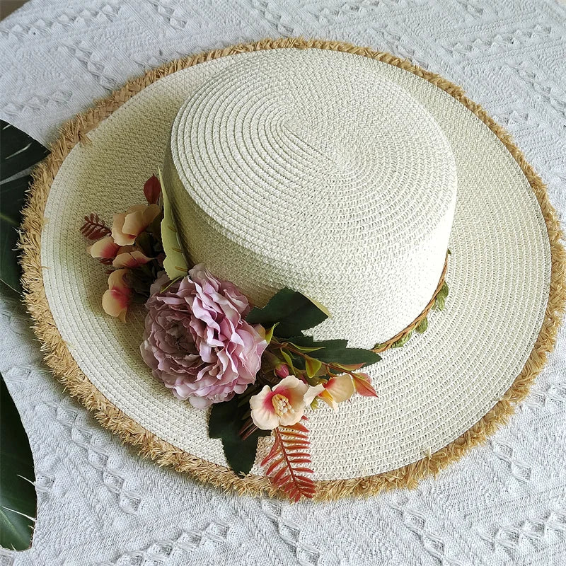 Flower rose decoration raffia straw hat for women summer large brim sun hat seaside atmosphere elegant wedding hat