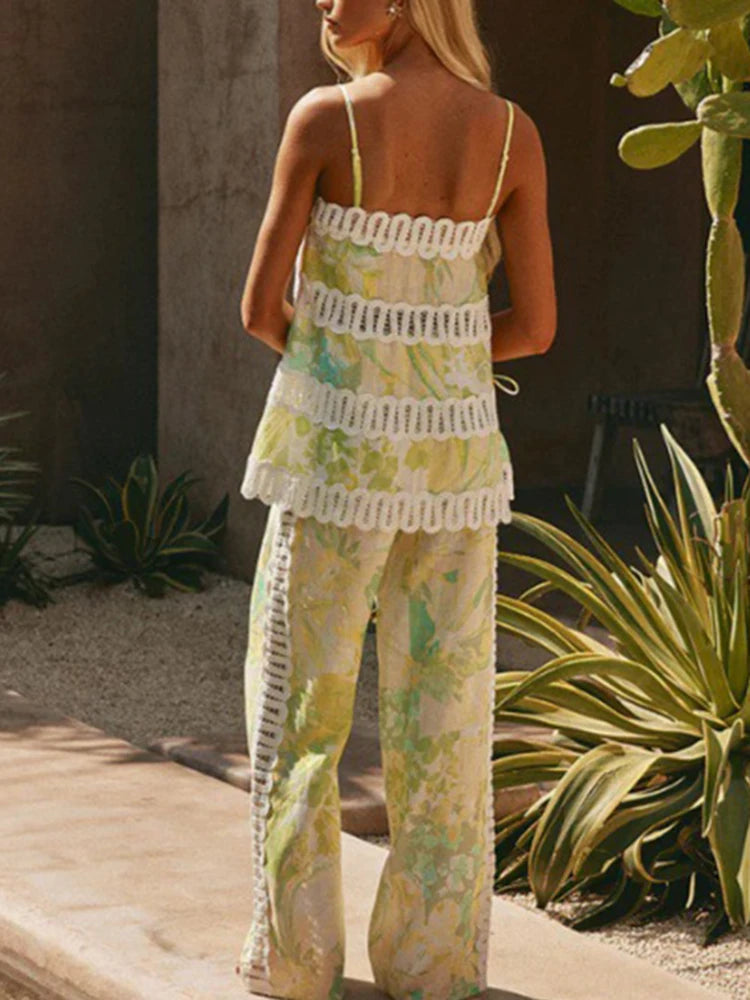 Casual Loose Vacation Two Piece Suits Fashion New Sleeveless Halter Tops & Pants Sets Summer New Printed Women's Beach Outfits