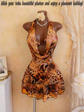 Leopard Print 4 Piece Bathing Suit Women Halter Drape Front Hollow Out Tiered Skirt Cover Up Bikini Set Pool Party Swimwear