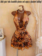 Leopard Print 4 Piece Bathing Suit Women Halter Drape Front Hollow Out Tiered Skirt Cover Up Bikini Set Pool Party Swimwear