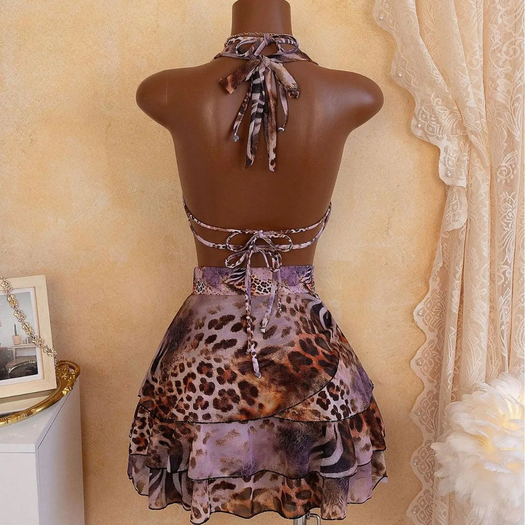 Leopard Print 4 Piece Bathing Suit Women Halter Drape Front Hollow Out Tiered Skirt Cover Up Bikini Set Pool Party Swimwear
