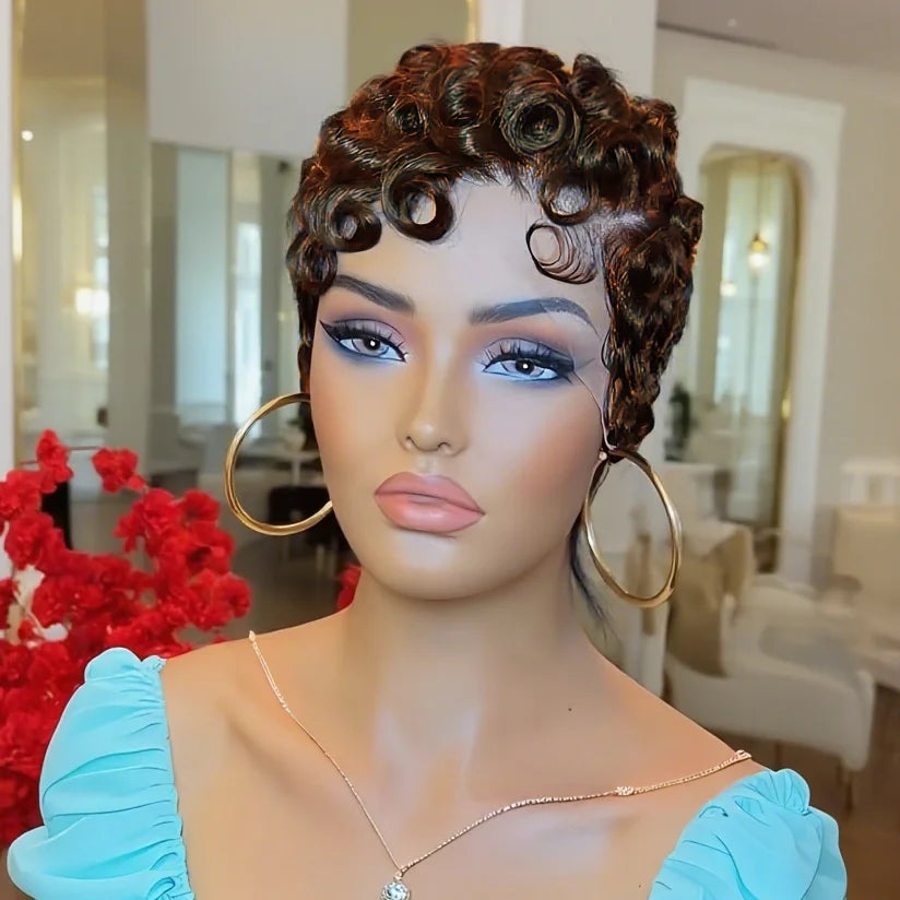 13x4 Lace Front Human Hair Wig for Women Short Layered Pixie Cut with Bangs Natural Black Dark 99J ColorCurly Wavy Hair