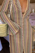 Crochet Colorful Stripe Flare Sleeve Maxi Dress Women V-neck High Split Sexy Lace Long Dresses 2024 New Beach Banquet Vestidos