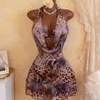 Leopard Print 4 Piece Bathing Suit Women Halter Drape Front Hollow Out Tiered Skirt Cover Up Bikini Set Pool Party Swimwear