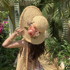 Flower rose decoration raffia straw hat for women summer large brim sun hat seaside atmosphere elegant wedding hat