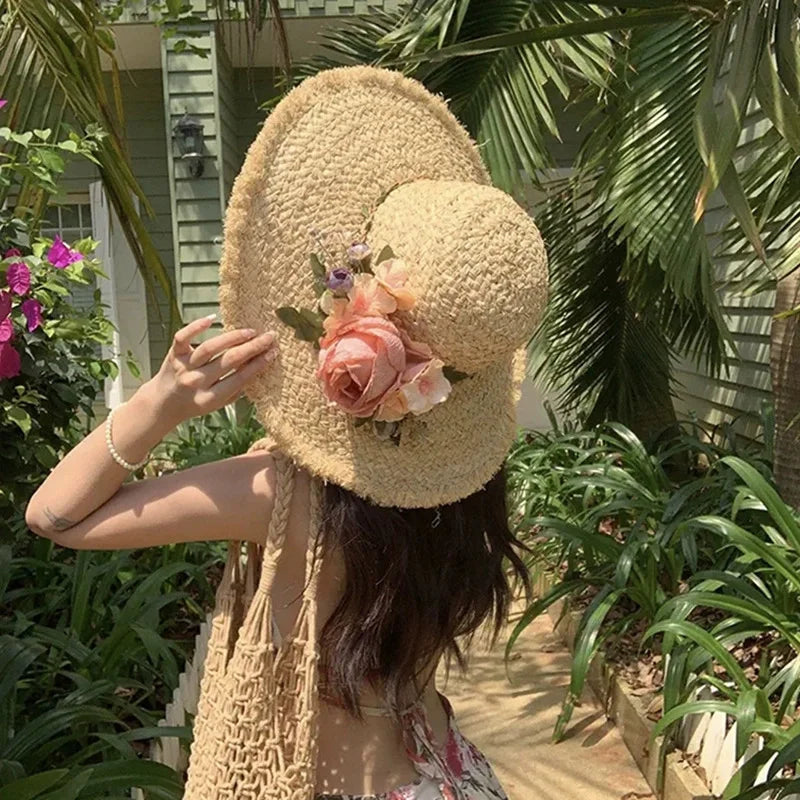 Flower rose decoration raffia straw hat for women summer large brim sun hat seaside atmosphere elegant wedding hat