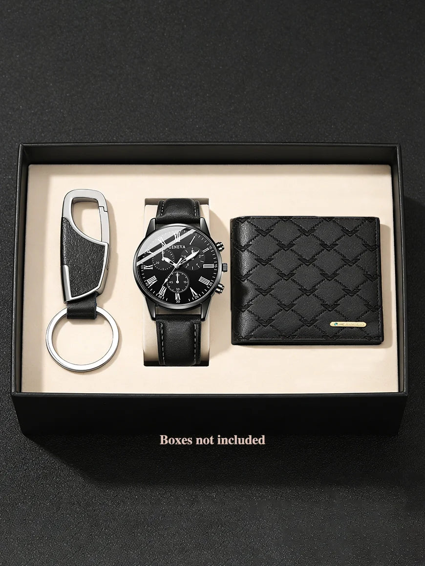 Men's Casual Fashion PU Leather Quartz Watch Set with Wallet Keychain - Business Accessories Gift without Box