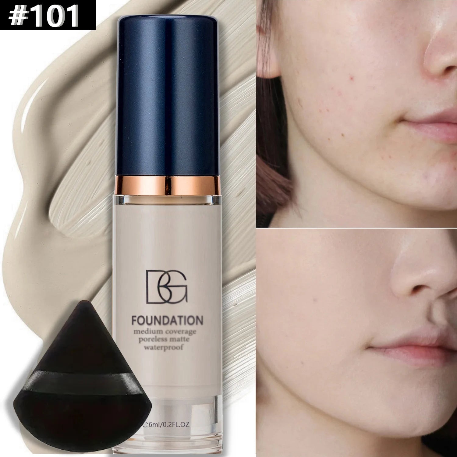 2Pcs Full Coverage Waterproof Liquid Foundation&Black Triangular Powder Puff-LongLasting Matte Finish Dark Circle&Blemish Cover