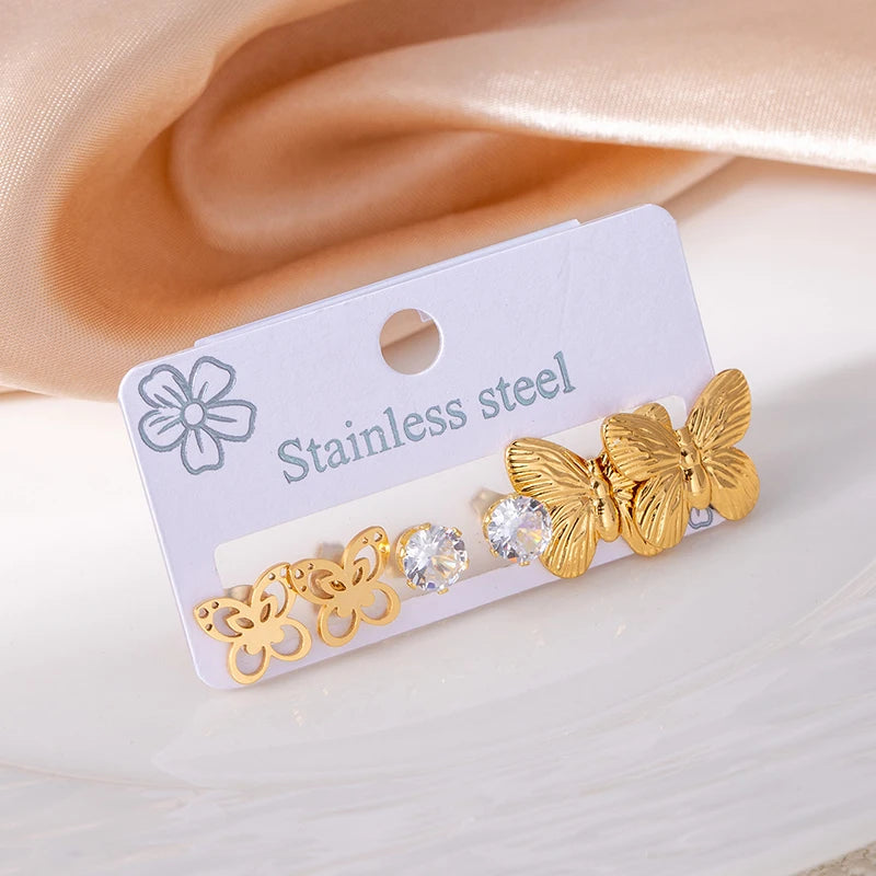 ANENJERY 316L Stainless Steel Flower Heart Butterfly Bowknot Earrings For Women Personality Fashion Vintage Jewelry Wholesale