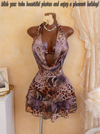 Leopard Print 4 Piece Bathing Suit Women Halter Drape Front Hollow Out Tiered Skirt Cover Up Bikini Set Pool Party Swimwear